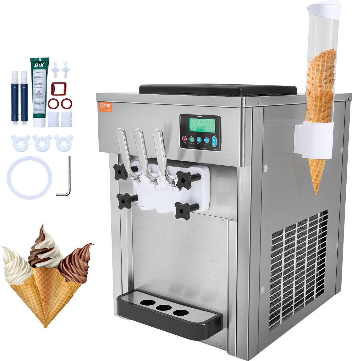 VEVOR Commercial Ice Cream Machine 1-3Flavor Countertop Soft Serve Ice Cream Maker Silver (4.5L*2 3-Flavor)